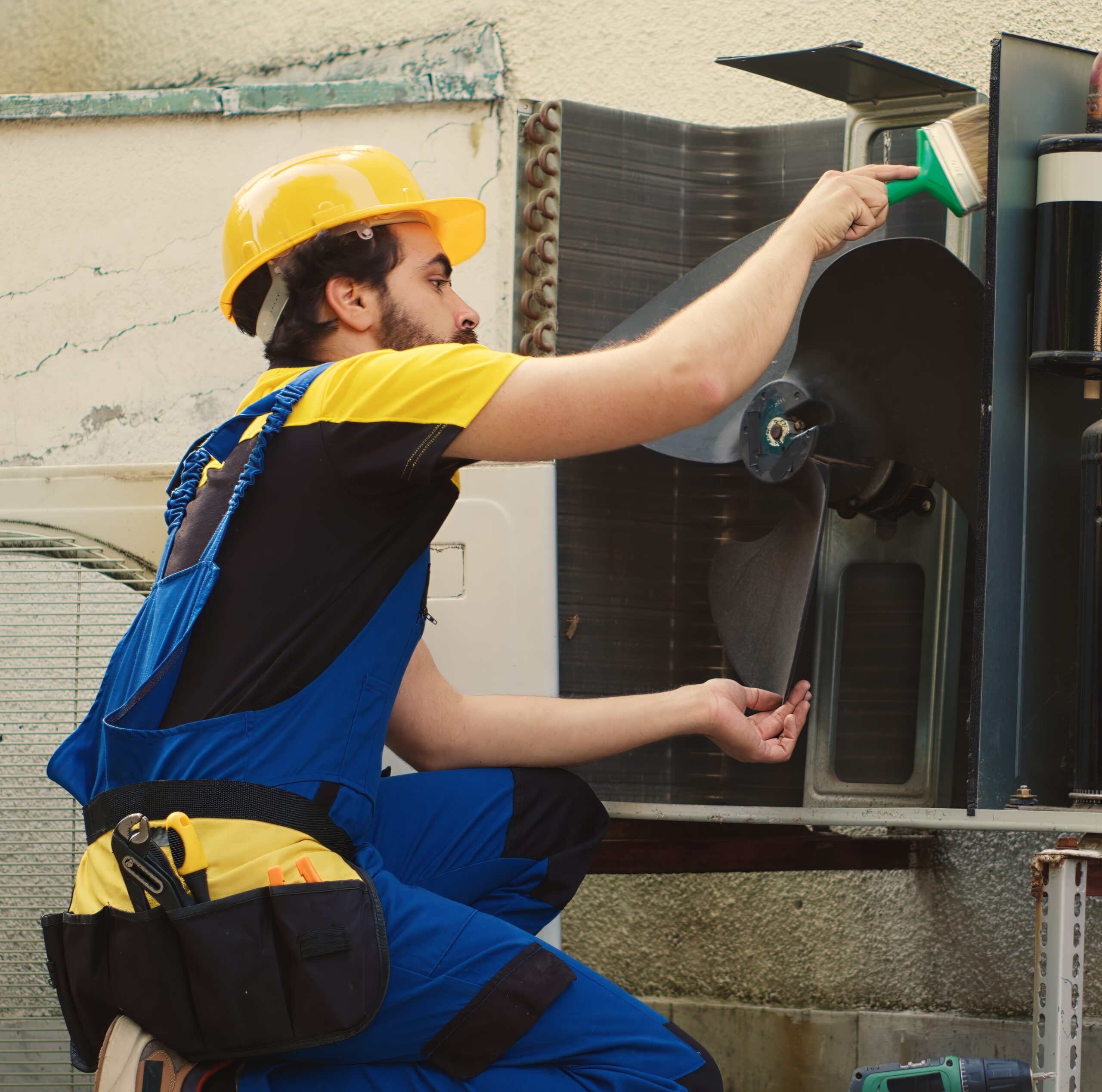 HVAC engineer dusting blower fan